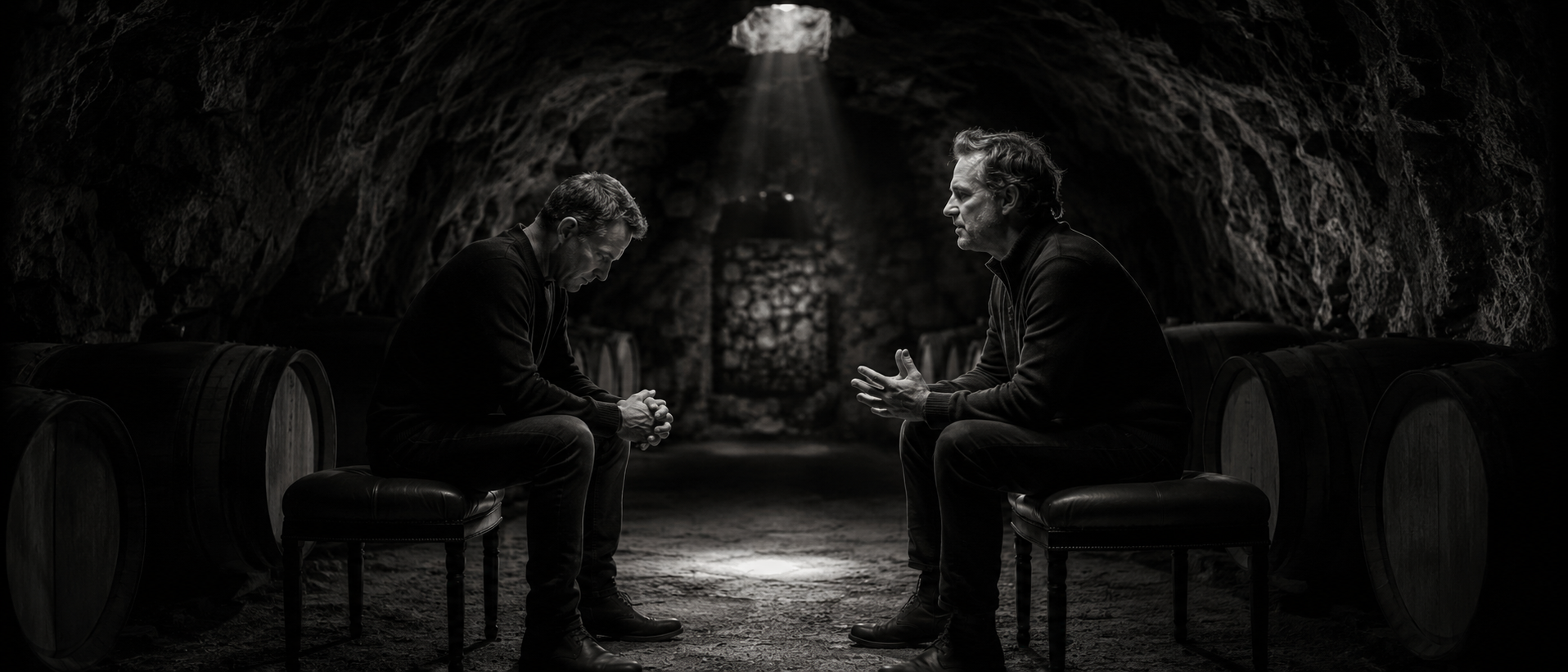 Two cofounders sit across from each other in a subterranean barrel cave, lit by a single shaft of light from above. One bowed in active listening, hands clasped; the other speaking, captured in an unguarded moment of authentic vulnerability.